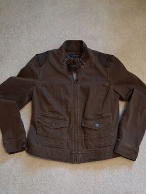 Women's Ralph Lauren Brown Moto-Style Jean Jacket. Leather Detail 6